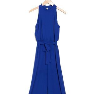 Vince Camuto Ruffle Neck Cobal Blue Wide Leg Jumpsuit Size 12 Petite